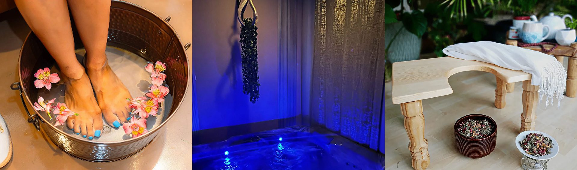 Spa amenities: floral foot soak, blue pool, bench